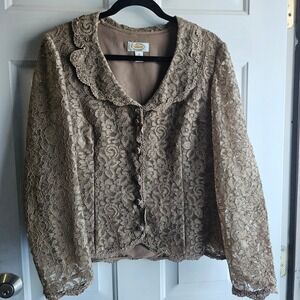 Talbots Womens Brown Floral Lace Button Front Jacket Peter Pan Collar Size 12